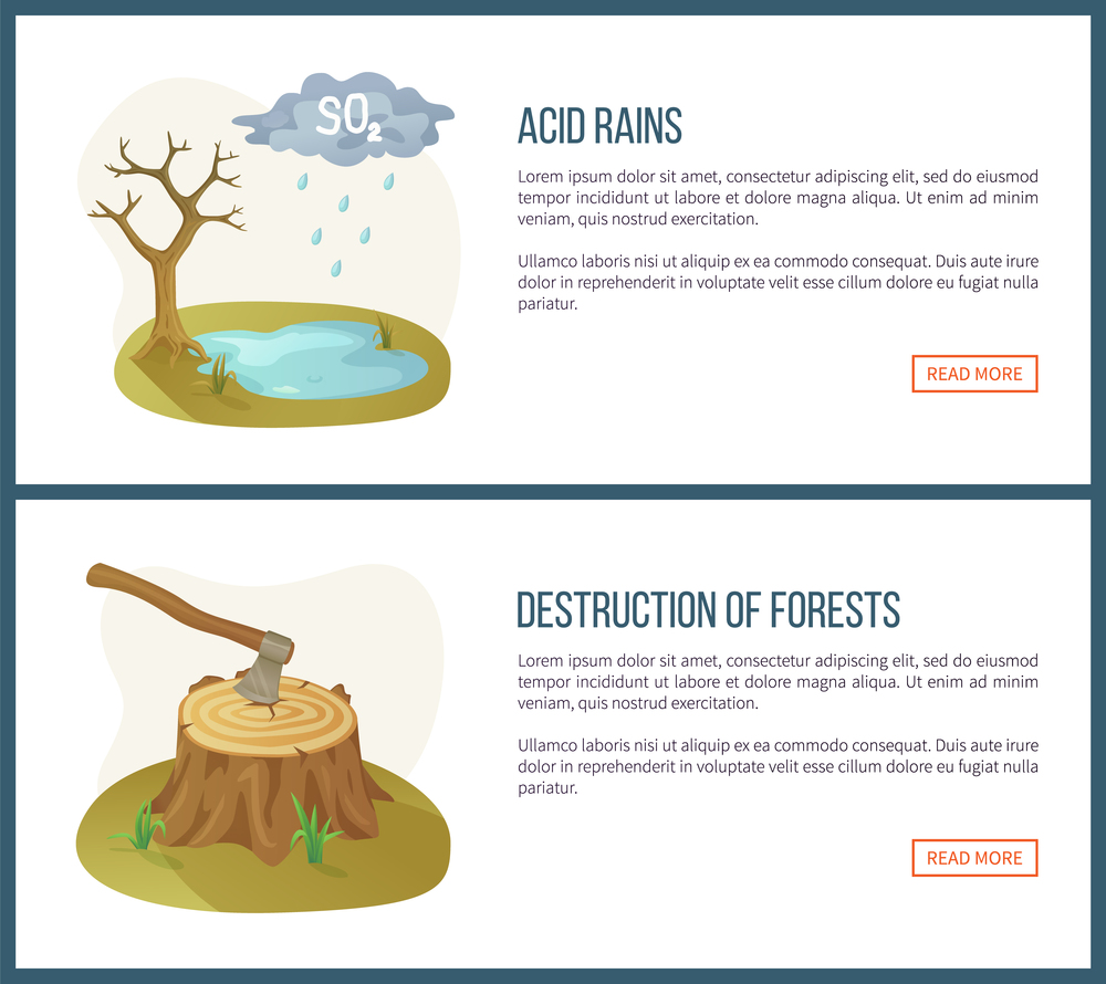 Destruction of forests vector, deforestation and acid rain, harmful liquid, lake and tree without leaves. Ax environmental problems info. Website or webpage template flat style. Concept for Earth day. Destruction of Forests, Acid Rains Website Set