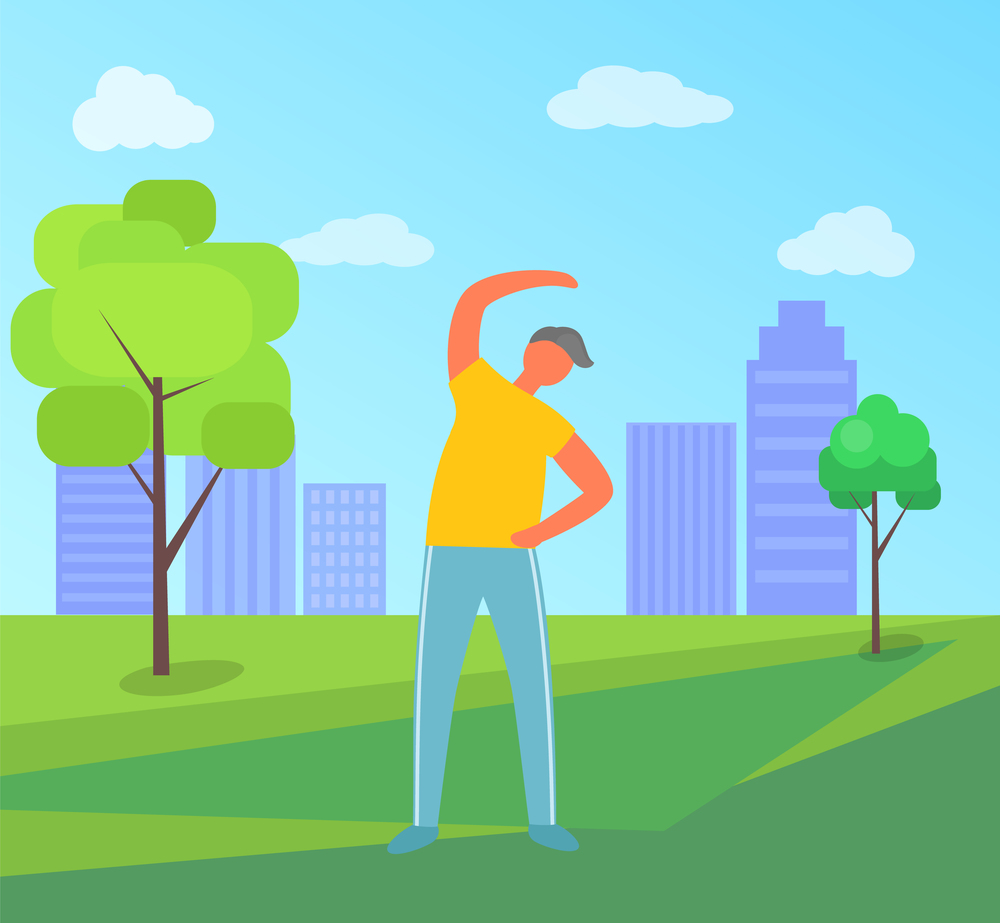 Man doing exercise outdoor, portrait view of standing human in city park with buildings. Sporty guy, healthy lifestyle, yoga or stretching vector. Healthy Lifestyle, Doing Exercise Outdoor Vector