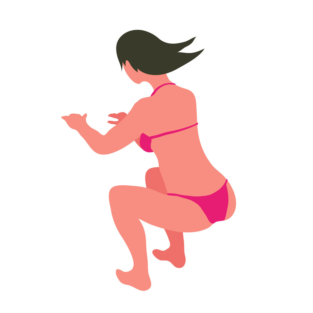 Woman in swimsuit doing squats isolated vector cartoon character. Lady in good fit does physical exercises to be slim. Fitness for young girl, sport activities. Woman in Swimsuit Doing Squats Isolated Vector