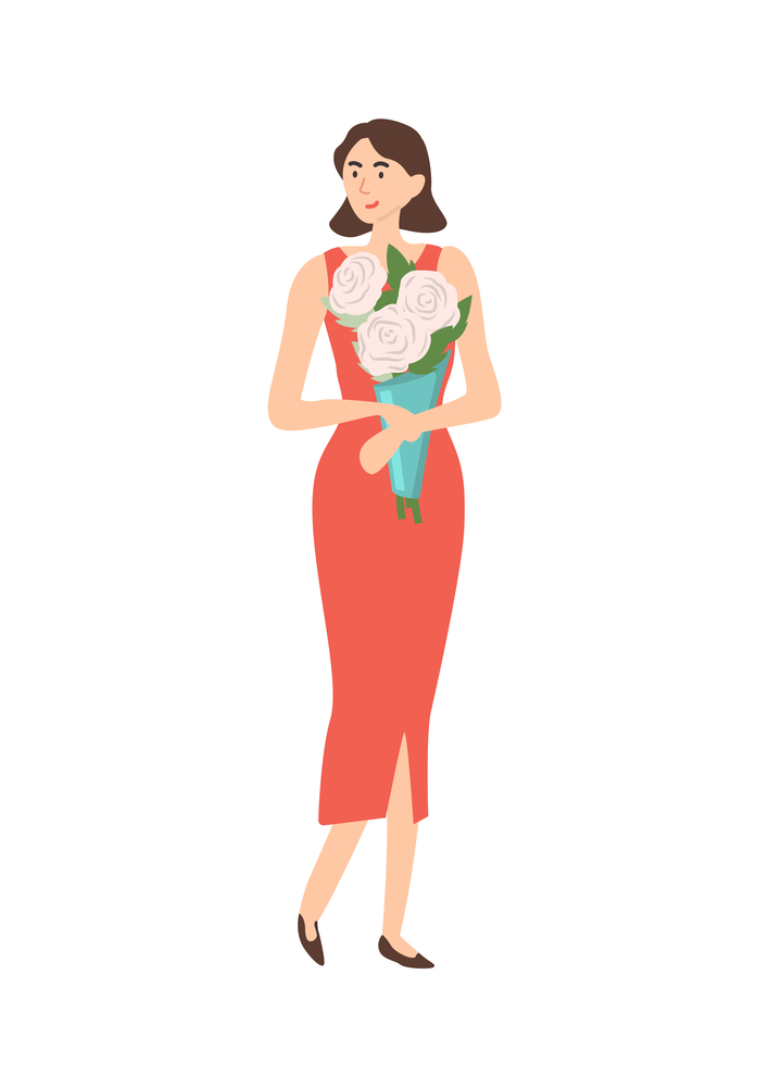 Happy girl holding bouquet vector, isolated woman wearing elegant clothes. Beautiful person standing with white roses, 8 march greeting, female happiness. Woman with Bouquet of White Roses in Wrapping