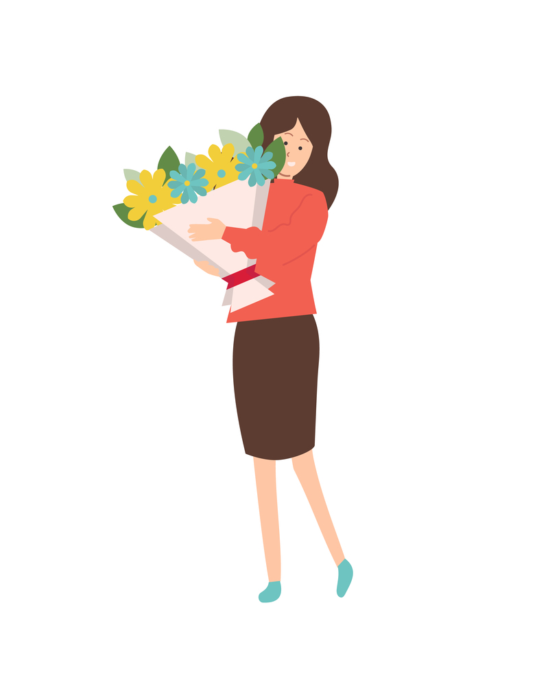 Woman on holiday vector, isolated girl holding big bouquet. Floral composition of yellow and blue flowers, leaves and foliage fillings, happy female. Cute Woman Embracing Bouquet in Paper Wrapping