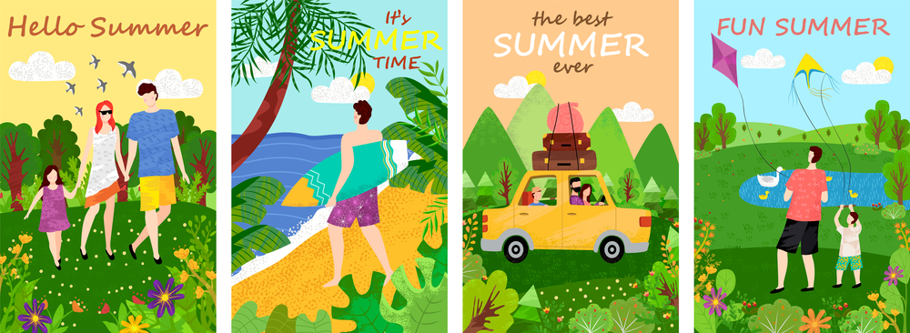 Holidays and summertime relaxation by sea vector, tropics and foliage, man and woman with kid in summer time, wind paper kites in sky, driving car loaded with baggage. Hello summer concept with text. Hello Summer Family and Friends on Vacations Set