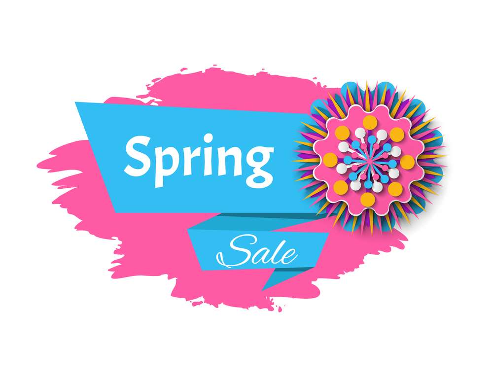 Spring sale vector, special clearance and reduction of price for customers of shops, discount banner isolated flower flat style. Flourishing bloom. Spring Sale Flower Blossom, Discount Banner Text
