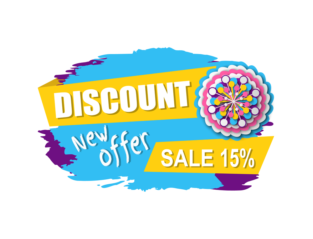 Discount and sale vector, isolated banner with price reduction and flower decoration, flora decor and clearance of shop, promotion and proposition. Discount Sale 15 Percents Off New Offer Banner