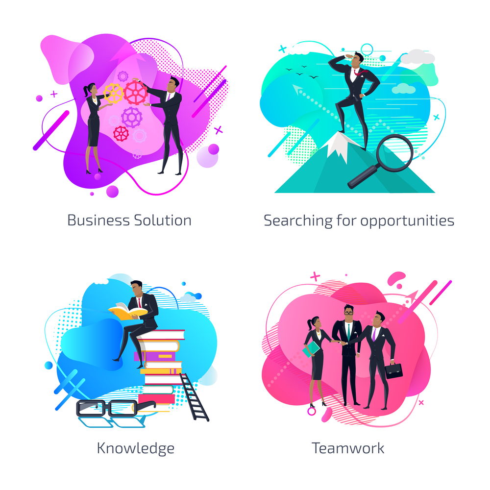 Business solution and searching for opportunities vector, knowledge abstract design. Businessman with magnifying glass, male reading printed material. Business Solution, Knowledge and Teamwork Set