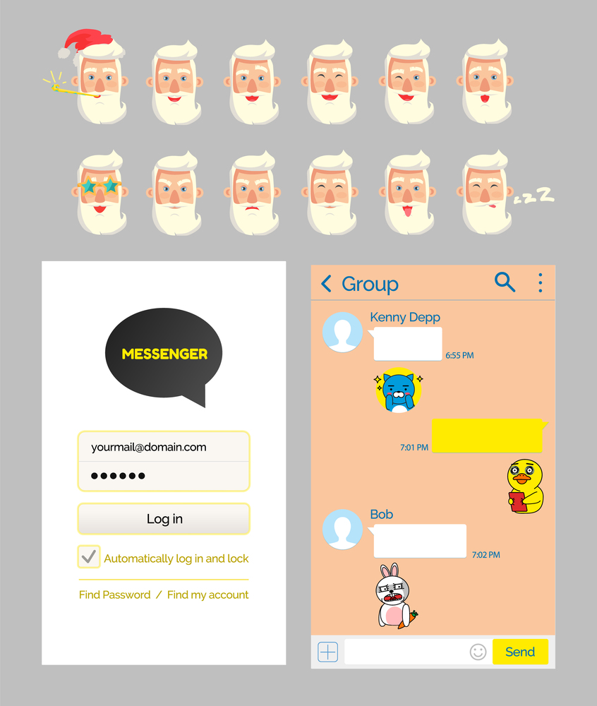 Santa stickers and kakao talk messenger design mockup vector. Male bearded face emoji and chat or dialog, log in start page, mobile app development. Kakao talk Messenger Design Mockup and Stickers