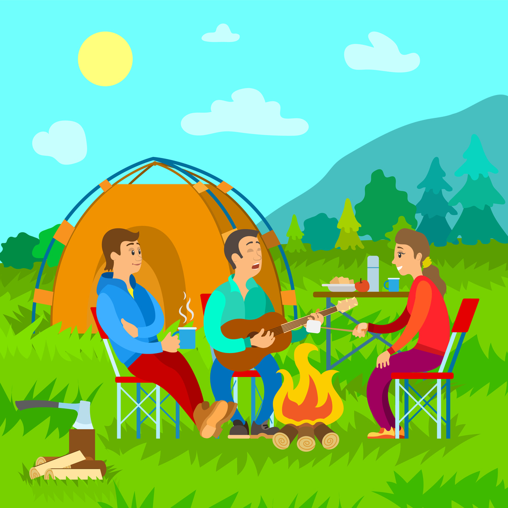 Traveling or camping, campfire and tent, friends with guitar vector. Lunch and firewood with ax, meadow and mountains, tea and marshmallow, wild nature. Peoples on camping in flat style. Camping, Campfire and Tent, Friends with Guitar