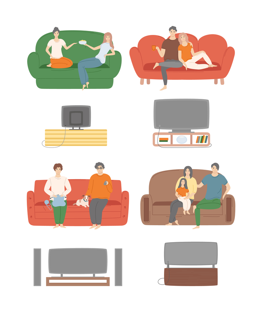 Friends and family spending time at home vector, mother and father with kid, couple and girlfriends sitting on sofa and eating popcorn watching tv. Home Relaxation People Watching Television Evening