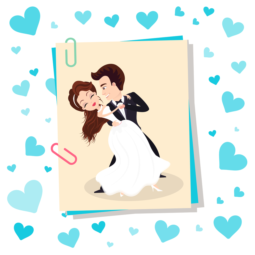 Dancing bride and groom, wedding holiday card with hearts, photo from memory event, wife in white dress and husband in suit, romantic festive vector. Wedding of Couple, Dancing Bride and Groom Vector