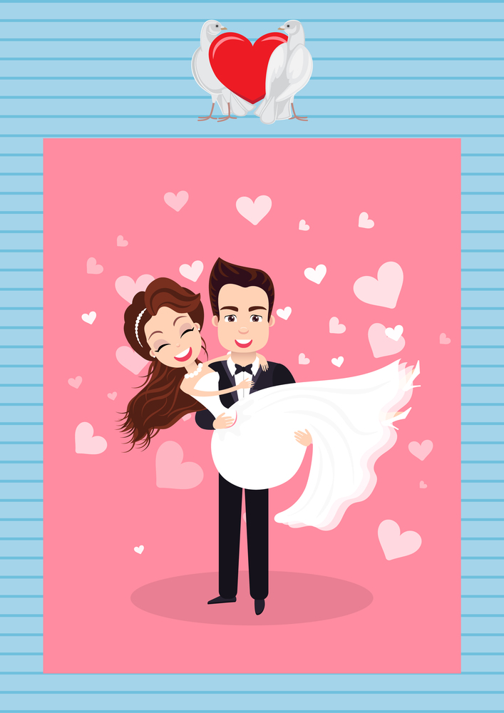 Groom holding bride, woman embracing man, couple characters in dress and suit, wedding postcard decorated by hearts and doves, romantic holiday vector. Romantic Holiday Postcard, Groom and Bride Vector