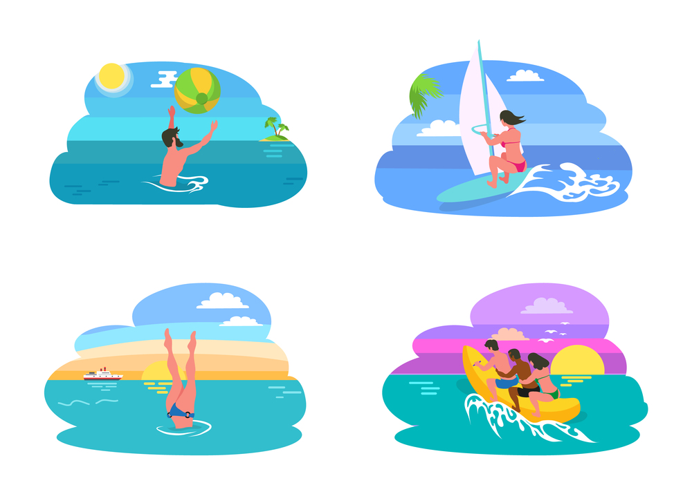 Woman windsurfing, group of people sitting on rubber inflatable banana, diving person and playing ball man. Summer water activities in ocean or sea vector. Summer Water Activities in Ocean or Sea vector