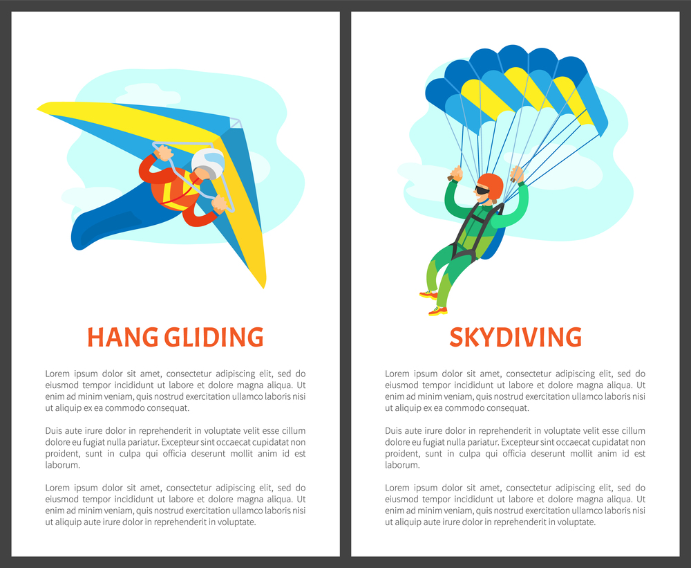 Skydiving person using parachute vector, parachutist on poster with text. Hang gliding extreme sports flying character, active lifestyle of men with wings. Hang Gliding and Skydiving People in Air Poster