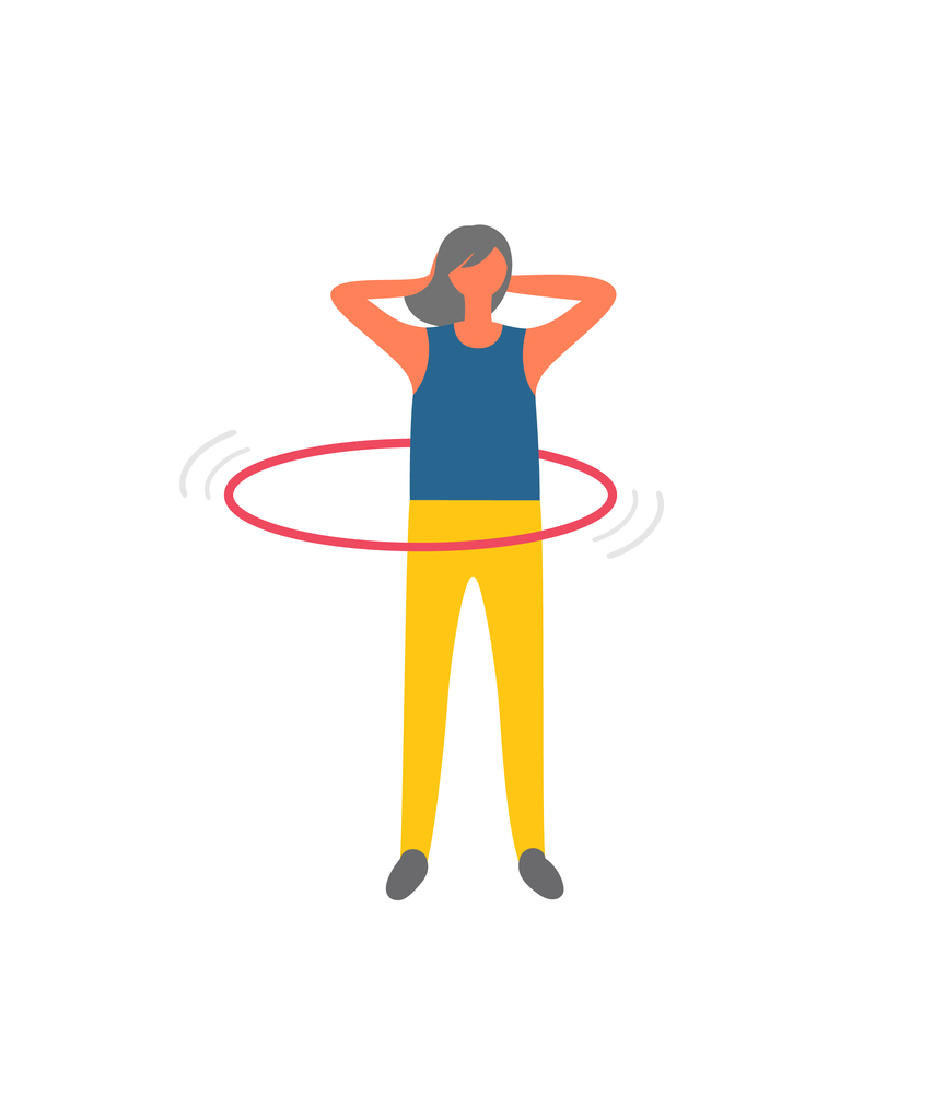 Sport and fitness exercise, woman rotating hula hup vector. Firl and hoop, waist building and weight loss, healthy lifestyle and physical activity. Woman Rotates Hulahup, Fitness Exercise and Sport