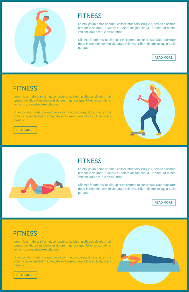 Fitness working out exercises vector, man doing stretching, woman on mat, crossfit and bodybuilding. Active lifestyle, website with text sample set. Fitness Exercises Set, Athletes and Bodybuilders