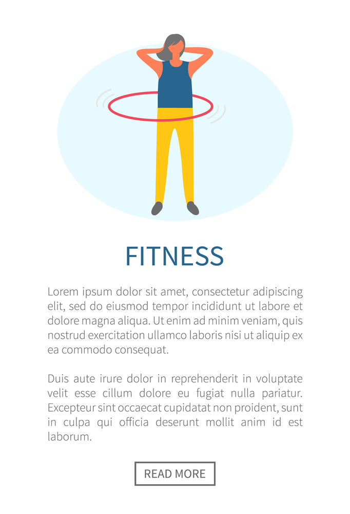 Sport and fitness exercise, woman rotating hula hup vector. Firl and hoop, waist building and weight loss, healthy lifestyle and physical activity. Training banner. Woman Rotates Hulahup, Fitness Exercise and Sport