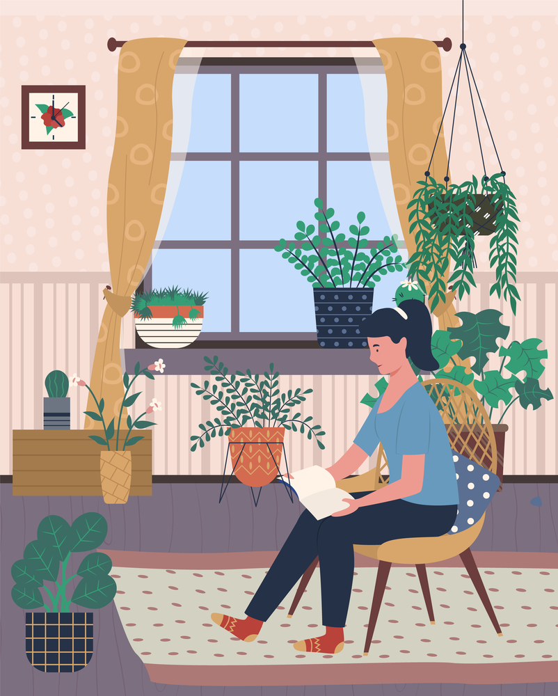 Flowers of greenhouse vector, plants growing in pots containers. Woman sitting on chair and reading book, hobby of person, orangery with flora foliage. Room with Flowers, Girl Reading Book Greenhouse