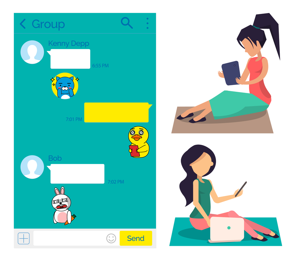 People sitting with laptops and tables vector, woman chatting in kakao talk. Users chatting and communicating online, social media, stickers and emojis. Girls Using kakao talk Application, Messenger Users