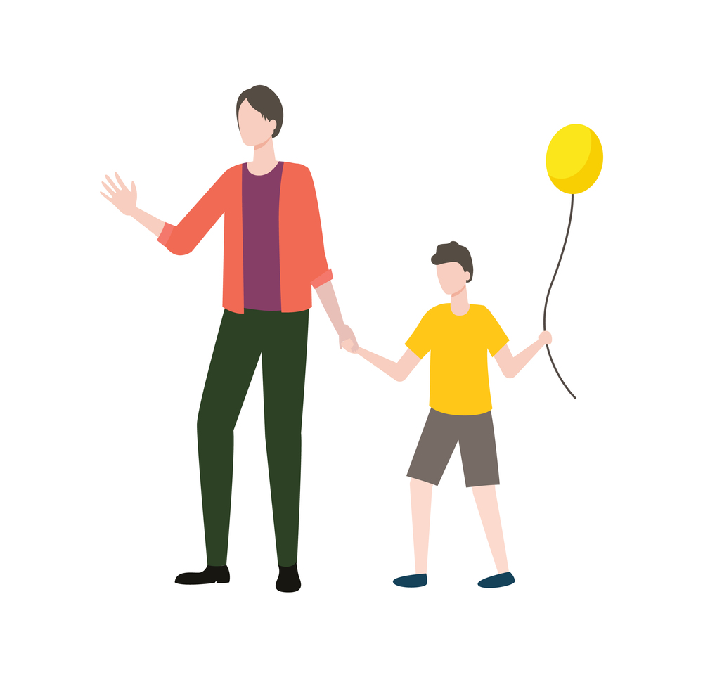 Child holding balloon, portrait view of parent and son go near, people full length in flat style. Characters in casual clothes isolated on a white vector. Family Parent and Child Holding Balloon Vector