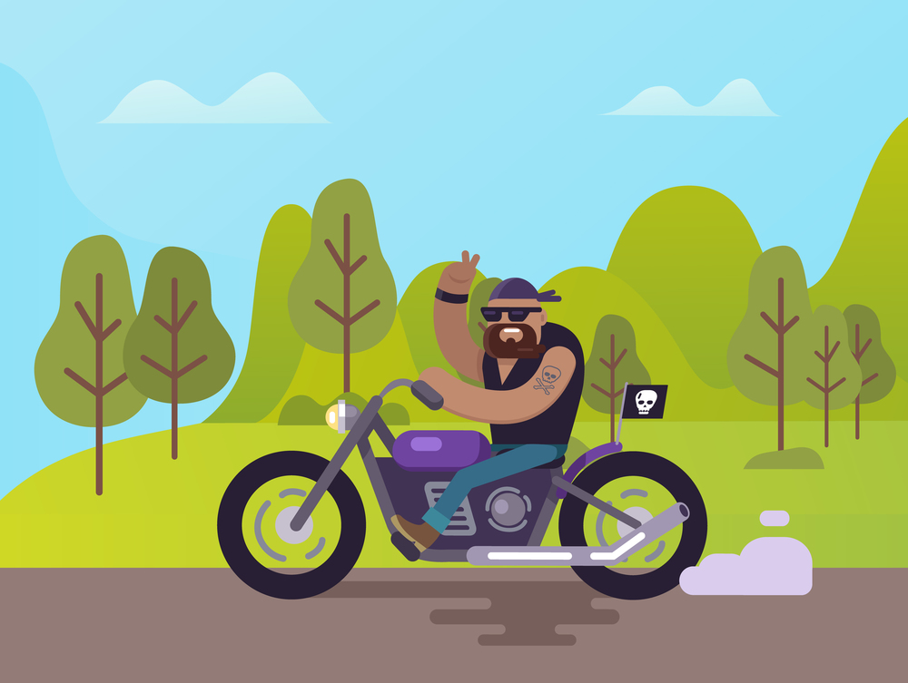 Man riding motorcycle vector, bearded brutal biker on motorbike riding along road. Chopper with bearded man with horn sign, gesturing person on nature. Biker on Motorbike Showing Horn Sign Gesturing