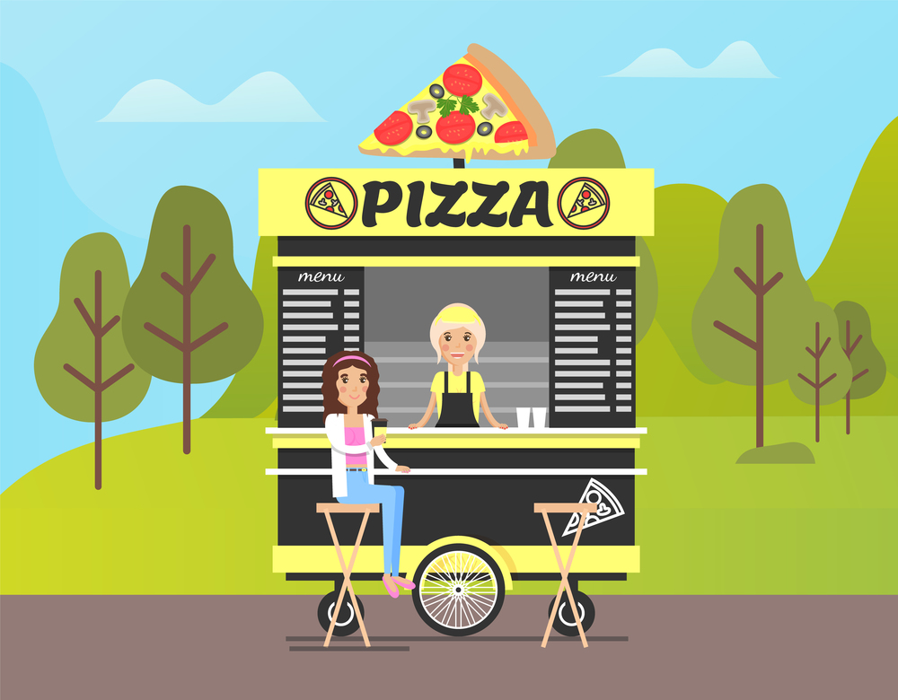 Pizzeria with sign vector, truck seller selling food to woman. Place to seat and enjoy meal, nature of forest and park, lady having lunch, character. Pizza Stand in Park, Food Shop at Street in Forest
