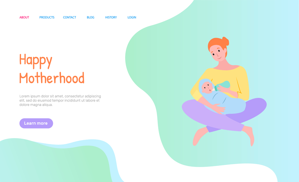 Happy motherhood and childhood, smiling mom feeding newborn with bottle, sitting parent on floor holding baby, eating child, portrait view vector. Website or webpage template, landing page flat style. Mother Feeding Newborn with Bottle Web Vector
