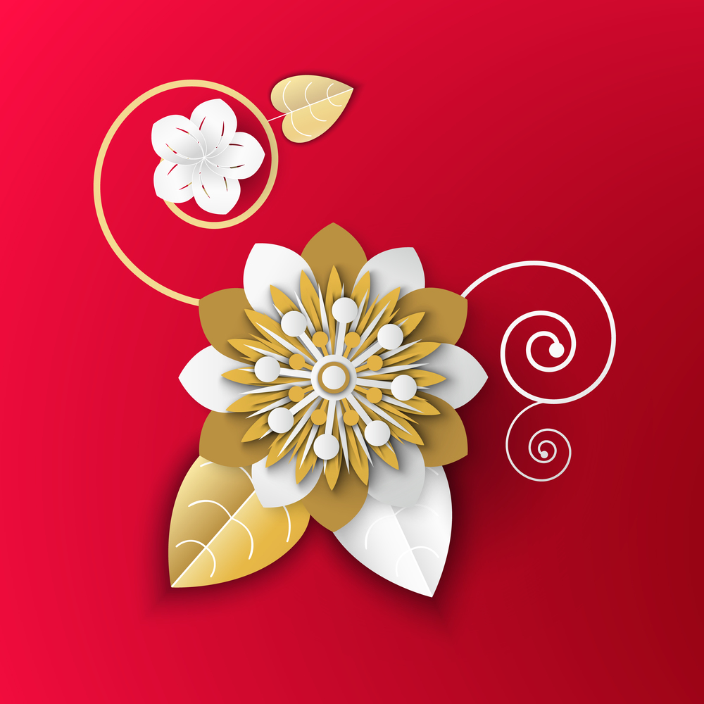 Realistic flower made of paper vector, origami Japanese style, traditional artwork of Asia, floral decoration and blooming gold and white colors flat style. Origami Art, Flower Made of Paper Realistic Plant