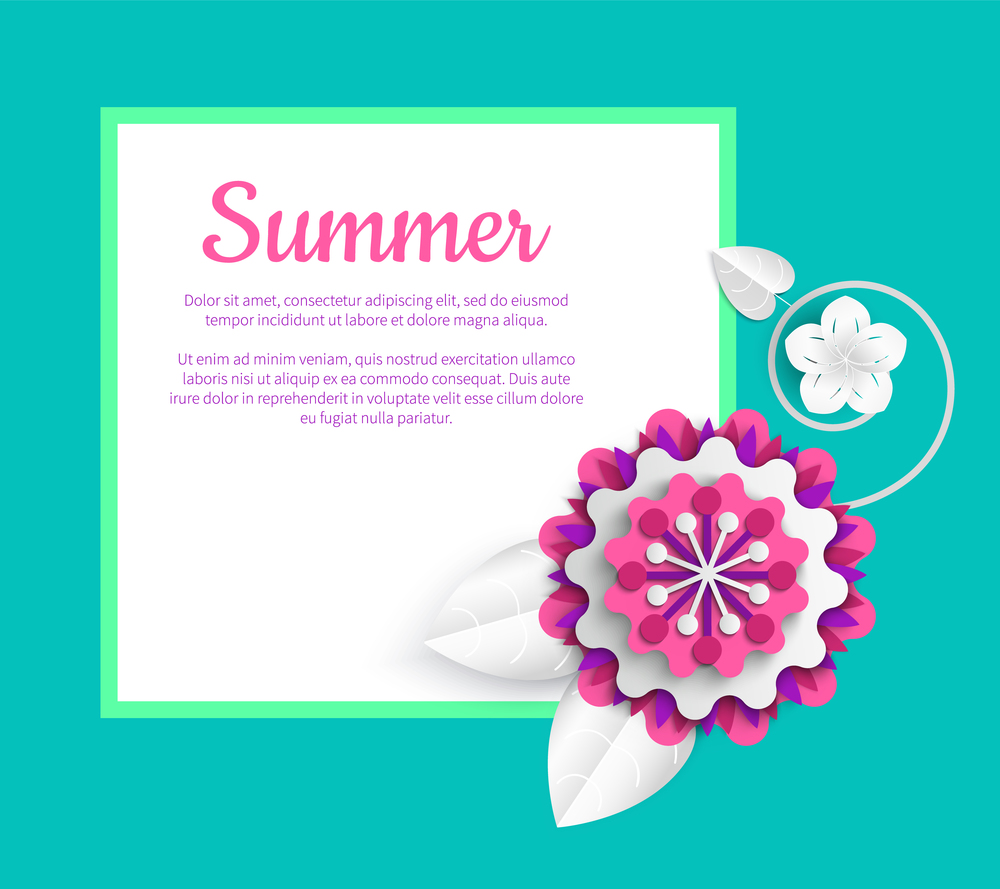 Summer template postcard decorated by flower origami, blue poster with empty square and colorful blossom ornament, greeting or poster with peony vector. Poster with Peony Origami, Summer Flower Vector