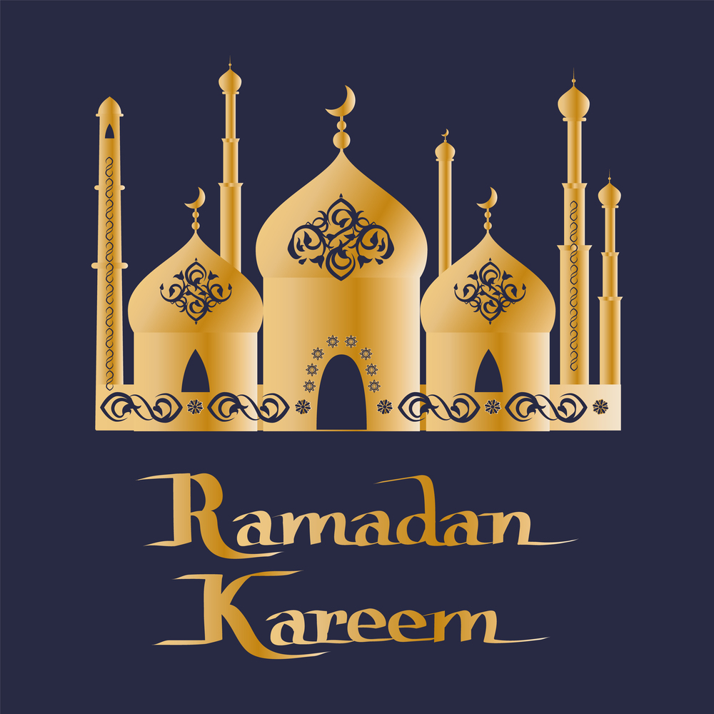 Ramadan Kareem greeting card design of Mosque, place of worship for Muslims with arabic ornaments on elaborate domes, prayer halls vector poster. Ramadan Kareem Postcard with Mosque, Worship Place