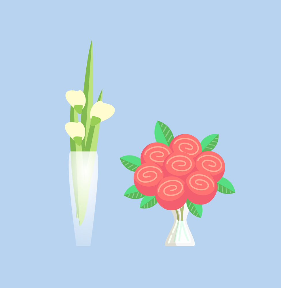 Rose and tulip bouquets in vase vector, container filled with water isolated icons set. Decoration of interior, natural plants with flourishing blooming. Rose and Tulip Bouquets in Vase with Water Set