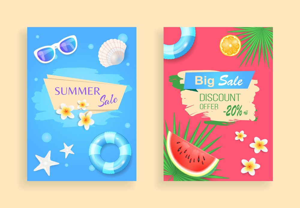 Summer sale discount set of banners with summer time items. Leaves of tropical plant, flowers and sunglasses. Seashells and stars, watermelon vector. Summer Big Sale Discount Set Vector Illustration