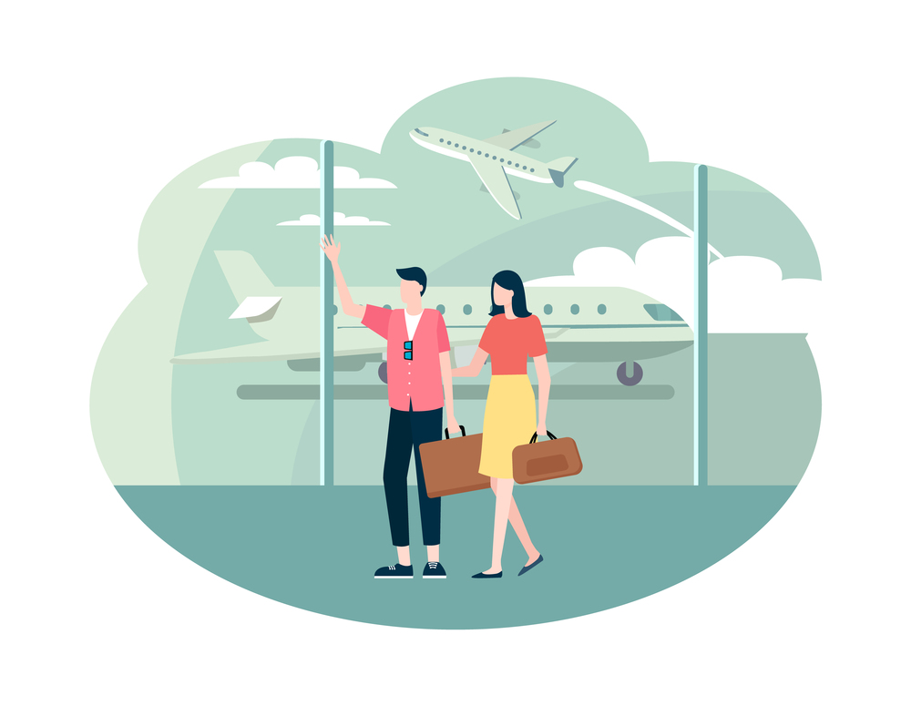 Woman and man arrived in airport vector, couple on vacation, holiday of pair walking to passport control. Flights and planes, male with sunglasses. Time to Travel, Couple with Baggage in Airport