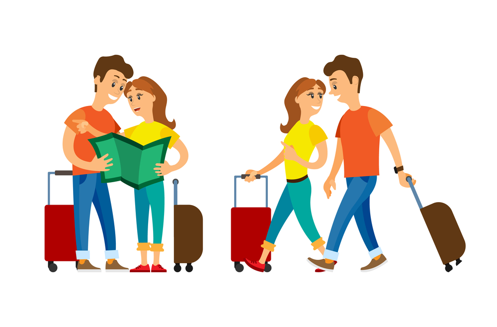 Couple traveling vector, man and woman with luggage walking. Arrived people strolling, lost male and woman, confused tourists with atlas print map. People Traveling, Man and Woman Reading Map Atlas