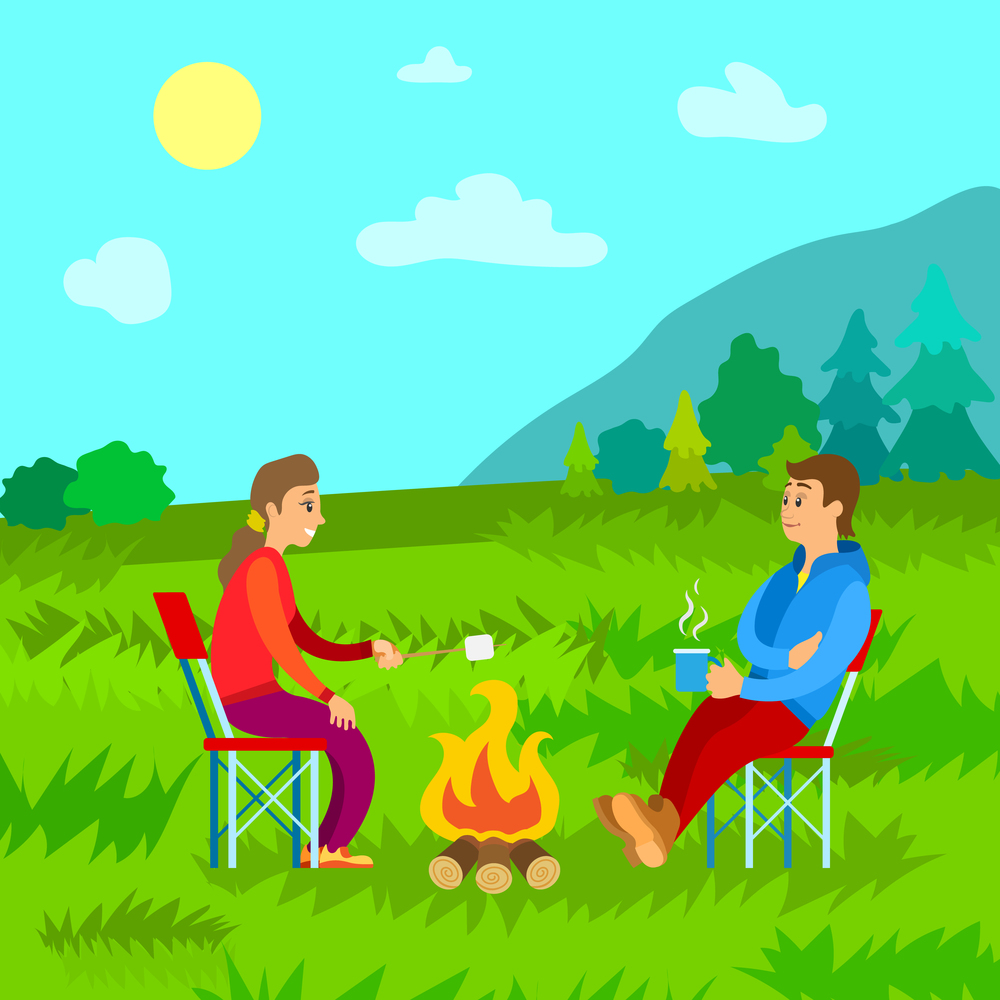 Natural relaxation in mountain area vector, people on vacation in summer. Man and woman melting marshmallow on sticks, sunny day and greenery of forest. Camping People, Couple Having Picnic on Nature