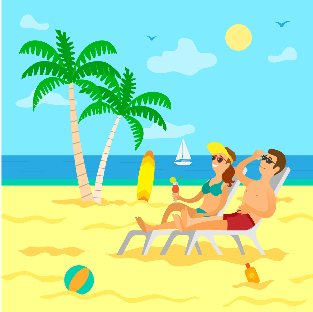Summer vacation of people laying under sun vector. Couple relaxing on beach, sun lotion and inflatable ball for game, ship and palm tree with foliage. People Relaxing on Beach, Sunbathing Couple Summer