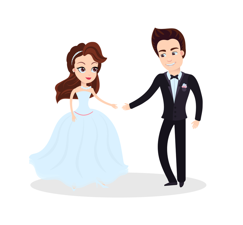 Couple in love dancing on ceremony, partying and celebration of engagement. Wedding planning vector, bride in dress and groom in tuxedo isolated cartoon characters. Couple in Love Dancing on Ceremony, Partying