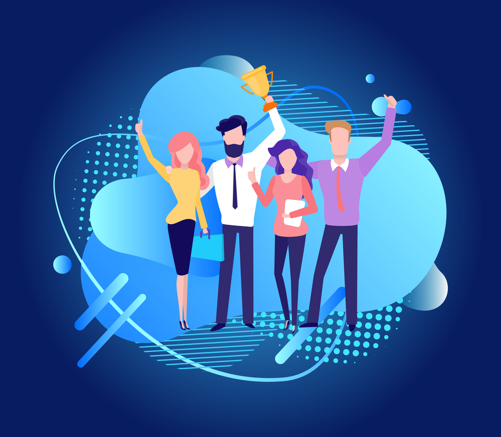 Teamwork success, man holding award, people characters with rising hands, winners portrait view, colleagues progress, company and golden cup vector. People with Cup Award, Winner Characters Vector