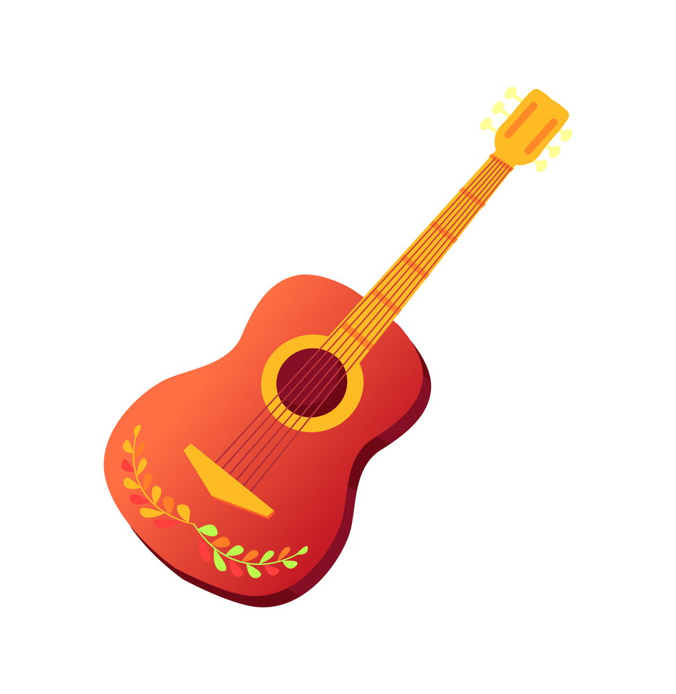 Musical instrument, spanish guitar with ornament vector. Mexico or Spain symbol. Fiesta and Cinco de Mayo holiday, mariachi musician item, celebration. Spanish Guitar with Ornament, Musical Instrument
