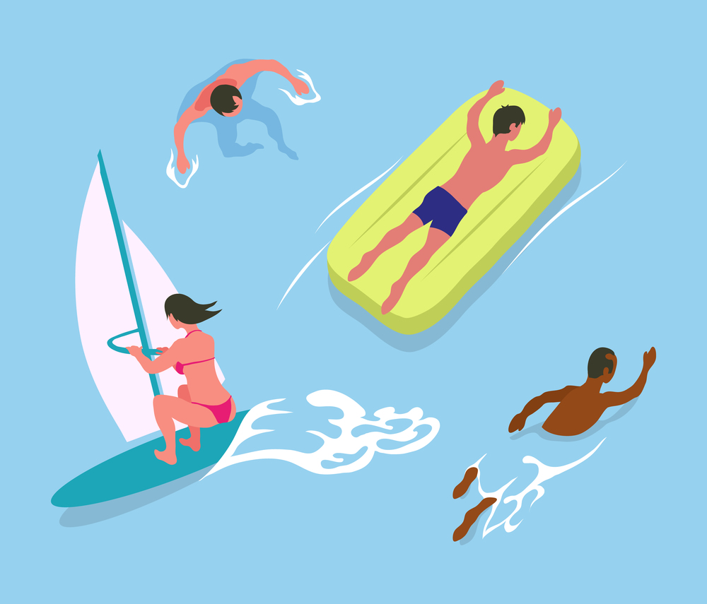 Man swimming in water, person lying on inflatable mattress, woman windsurfing, summer water activities. full length view of woman and man in sea vector. Man and Woman Swimming in Water, Swimmer Vector