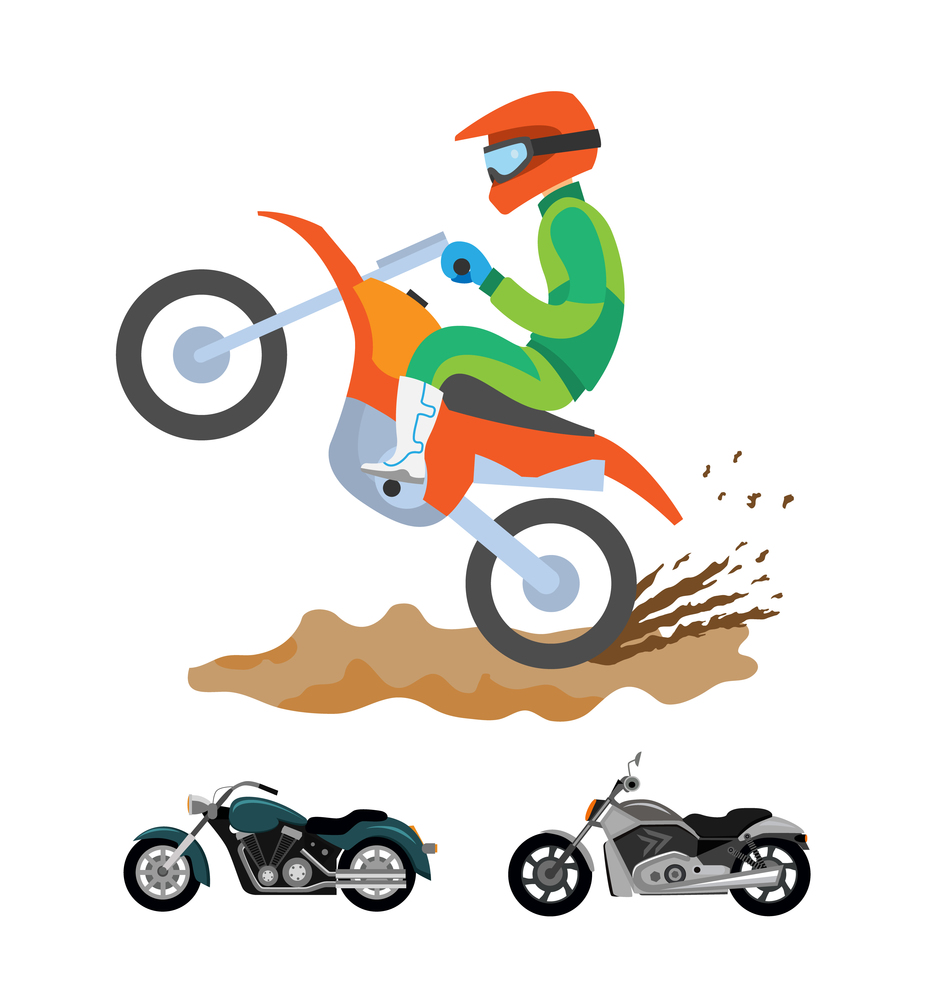 Dirt splashes on ground vector, man riding motorcycle, motorbikes types. Hobby and active lifestyle of person wearing special clothes and helmet with glasses. Motorbike Riding Man on Bike, Ground with Dirt