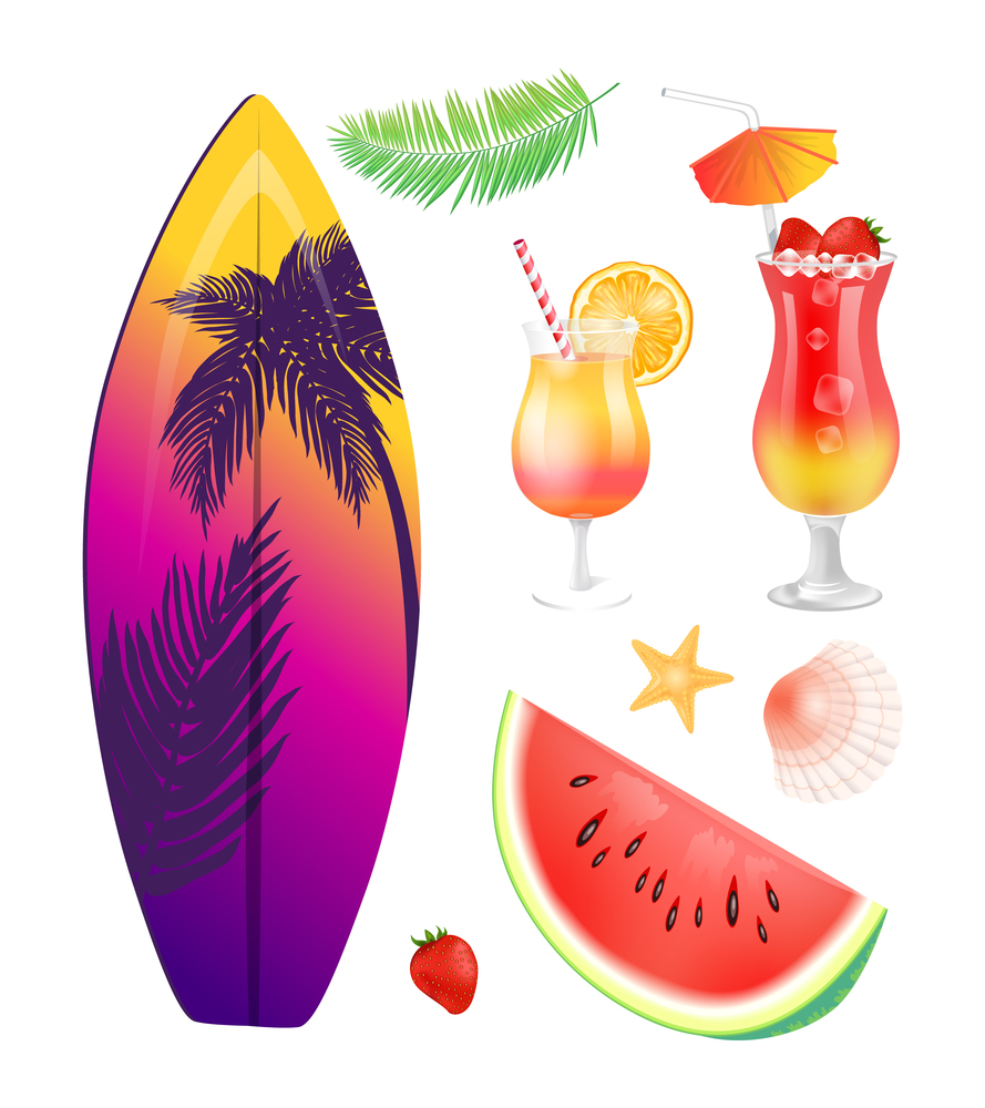 Surfing board summer isolated icons vector. Surfboard with palm and leaves print, strawberry and watermelon, cocktails beverages with decorative straw. Surfing Board Summer Icons Set Vector Illustration