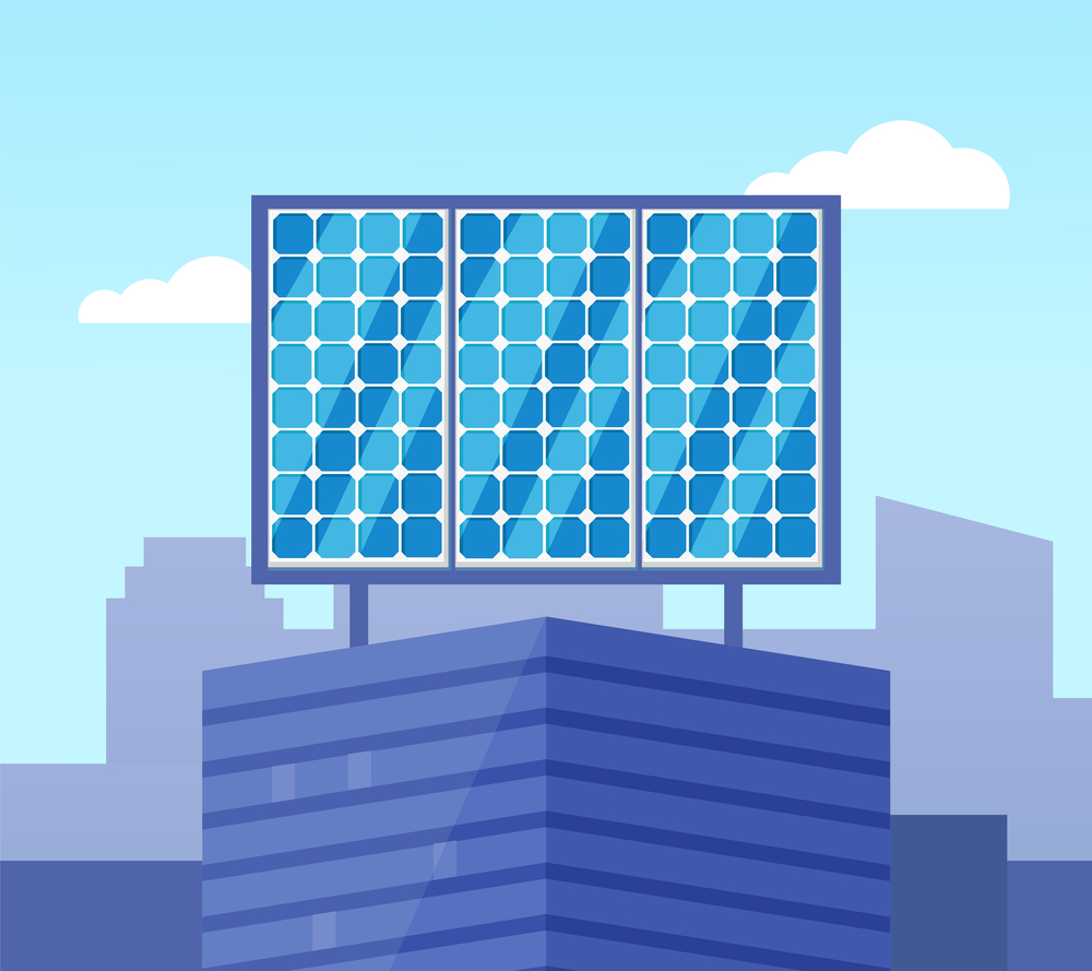 Solar powered blue building in flat style, glossy view of eco equipment on building roof, alternative electric generator, ecological collector vector. Glossy Solar Powered on Top of Building Vector