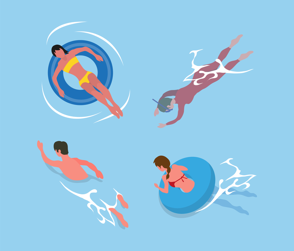 Woman sunbathing on rubber inflatable circle, man in swimwear diving with tube and mask, people swimming in water, activity in pool, summertime vector. Swimming and Diving People in Pool, Summer Vector