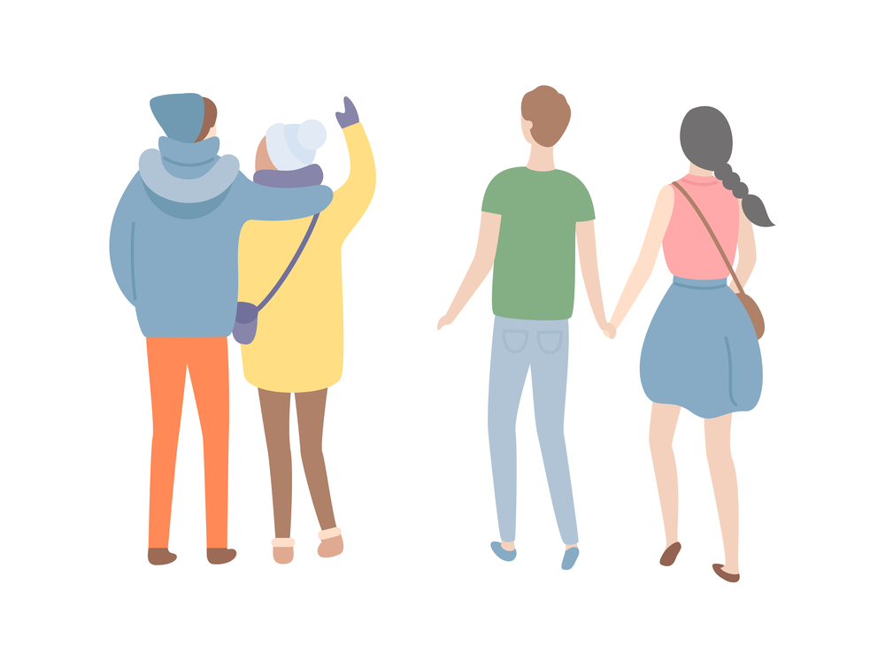 Man and woman dating back view. People dressed in coats and hats, trousers and sweaters isolated. Vector couples in winter and spring cloth walking holding hands. Man and Woman Dating Back View. People in Casual