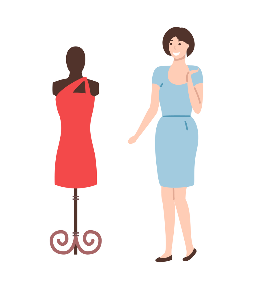 Mannequin with red dress and pretty woman going to by new apparel. Vector dummy with fashionable modern gown and lady in blue isolated, cartoon style. Mannequin with Red Dress and Pretty Woman Vector