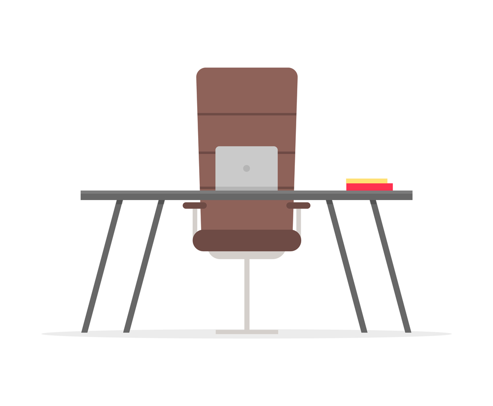 Work place with table, notebook on desktop and big chair isolated on white. Vector personal computer laptop, office furniture desk and seat, red book. Work Place with Table, Notebook on Desktop, Chair