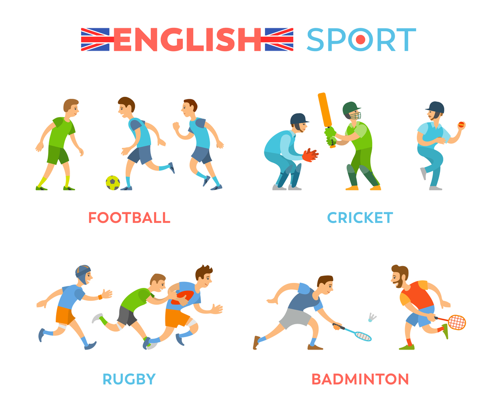 English sport vector, boys playing together flat style. Isolated people players of football and cricket, badminton and rugby, youth with bats and balls. English Sport, Football Cricket, Rugby Badminton