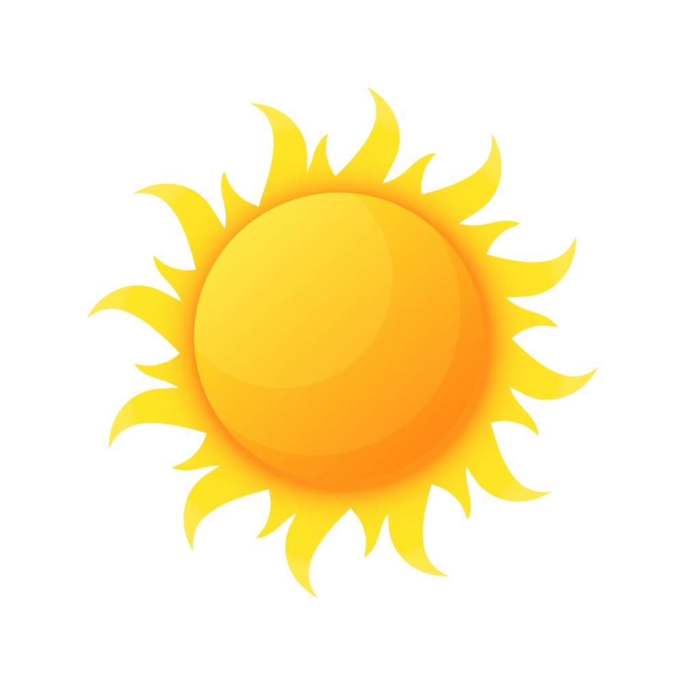 Sun illuminating warmth and heat vector, isolated sunburst, solar planet floating, isolated icon in flat style. Sunlight and fine weather beam and sunburst. Sun Star, Heat and Warmth from Planet Isolated