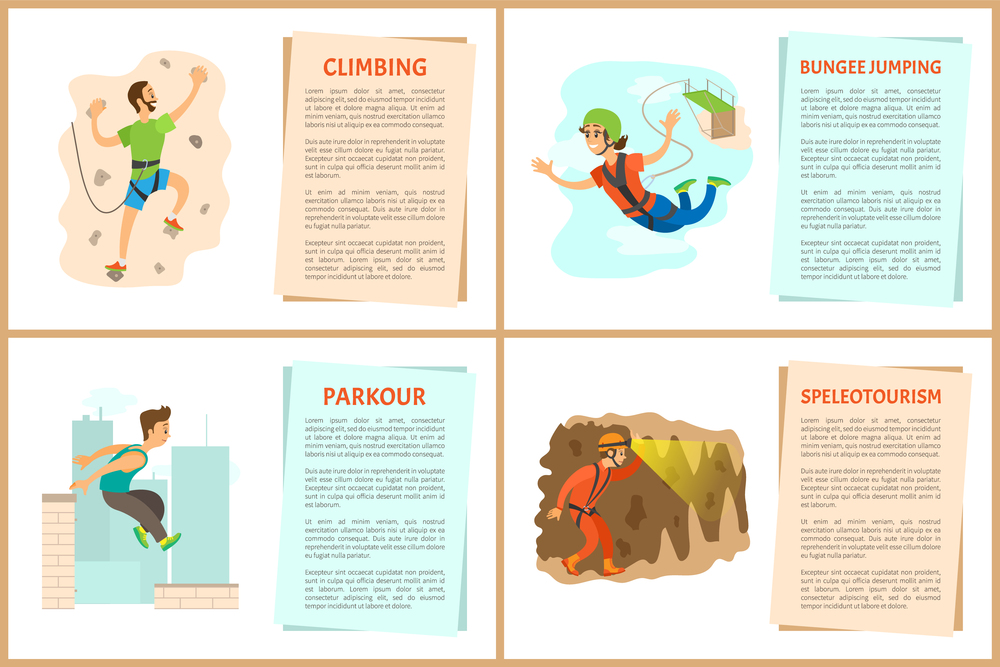 People going in for extreme sports vector, poster with text. Flat style extriming climbing, bungee jumping woman, parkour in city and speleotourism man in cave. Climbing and Bungee Jumping Parkour Posters Set