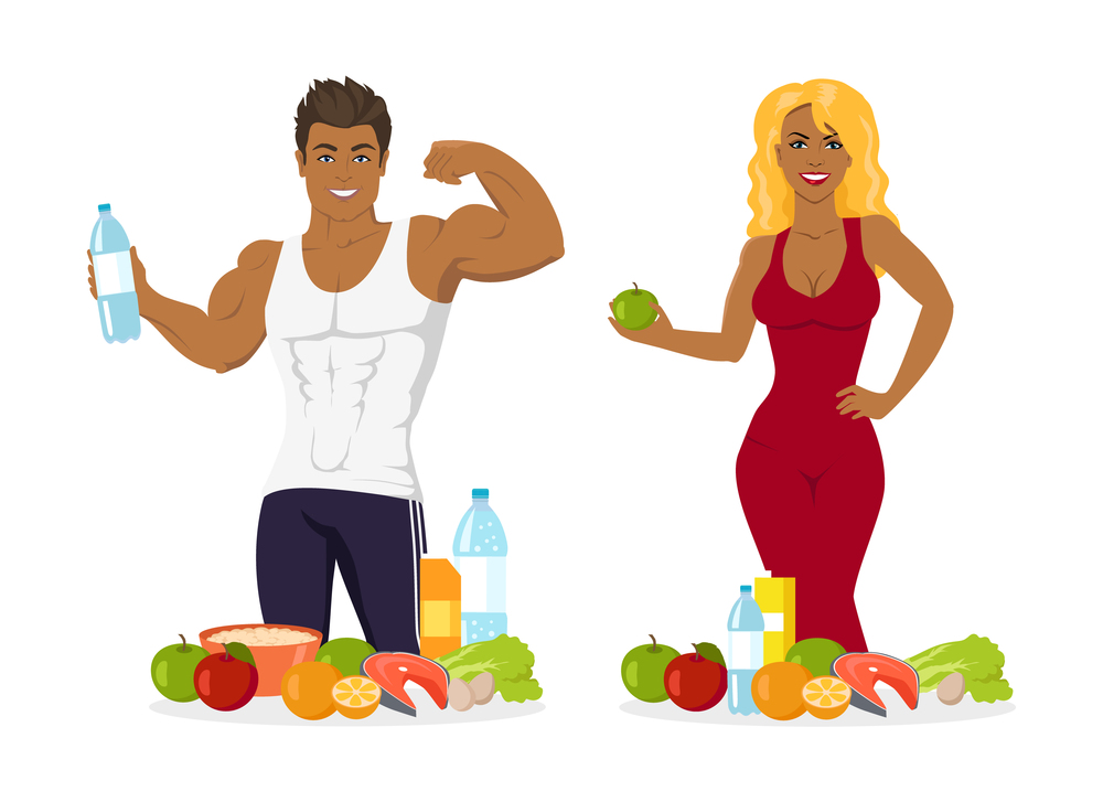 Fitness people leading healthy lifestyle vector, man and woman with bottle of fresh water, vegetables and fruits, porridge in bowl, sportsman and sportswoman with healthy food, apple and vitamins diet. Woman and Man Bodybuliders Eating Healthy Food