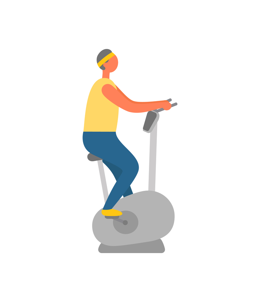 Person in sportswear sitting on velo machine vector. Man using bike to become healthy, active lifestyle cardiovascular training , healthcare of character. Man in Gym Using Stationary Bike Bodybuilding